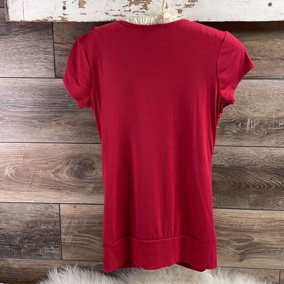 Moa Moa Ruffled Ruched Ladies Short Sleeve Top Blouse Size Large Red - Picture 5 of 6